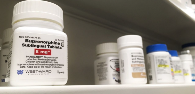 Bottle with suboxone on pharmacy shelf