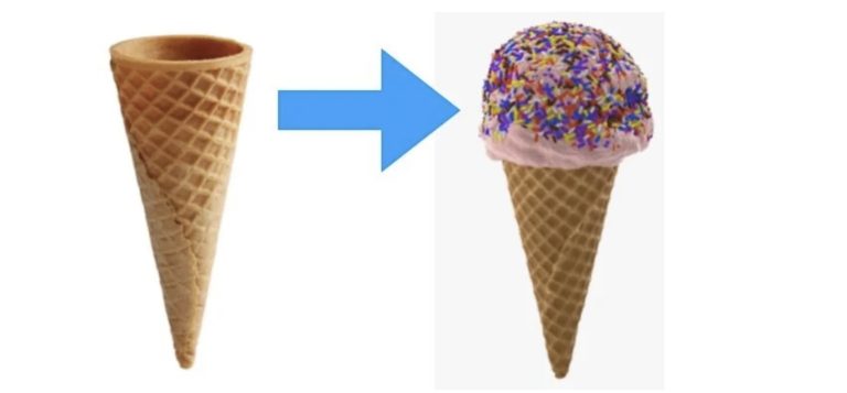 two ice cream cones, one empty
