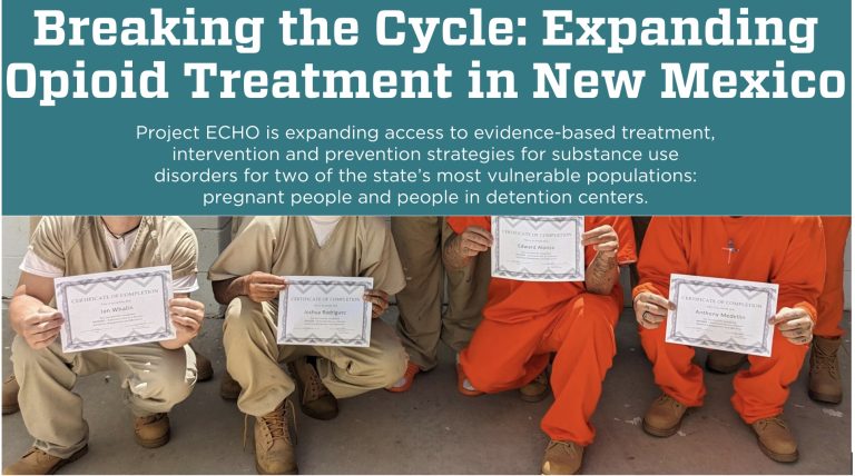 Prison MAT opioid treatment program headline, with inmates holding diplomas