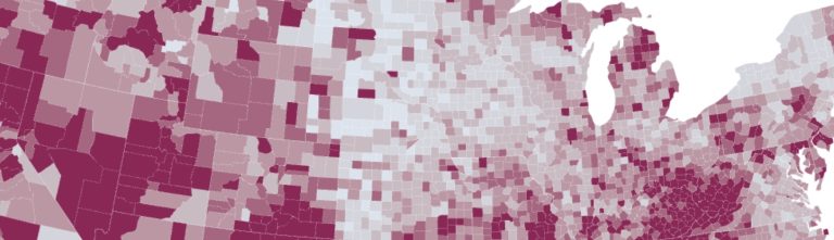 graphic of U.S. counties colored by degree of opioid deaths