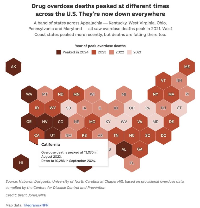 Graphic of year of peak opioid overdose deaths, by state