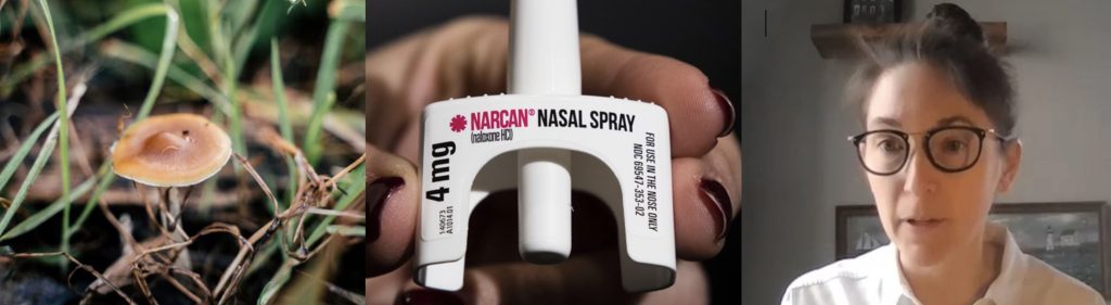 composit image of a doctor, Narcan unit, and psilocybin mushroom