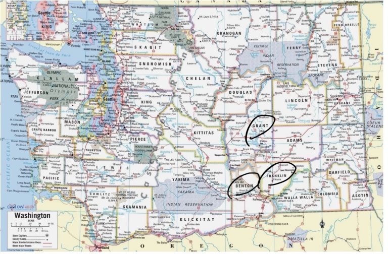 State map of Washington, showing Benton, Franklin, and Grant counties