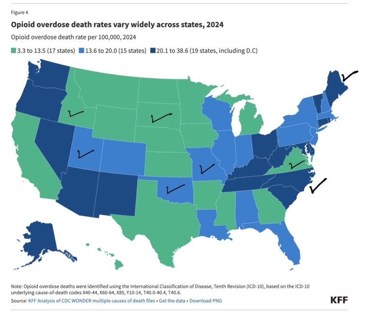 Graphic showing relative incidence of opioid overdose deaths by state in 2024