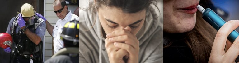 composite image of emergency response to a drug overdose, a teen female appearing overwhelmed with emotion, a young female vaping
