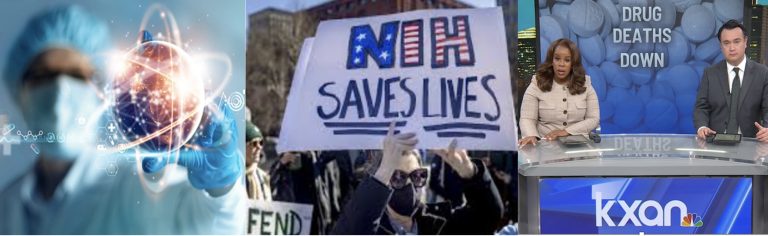 Composite image of a medical researcher, a protester of NIH budget cuts, and a TV newscast