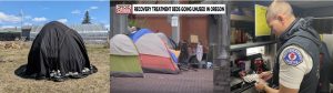 Composite image of a sweat lodge, a TV newscast image of tents on sidewalds in Portland, Oregon, an EMT preparing medicaiton to give to opioid users