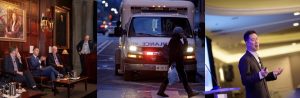 composit image of experts and an ambulance on a city street