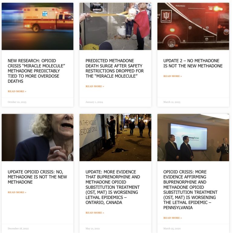 Array of thumbnail images of posts on methadone