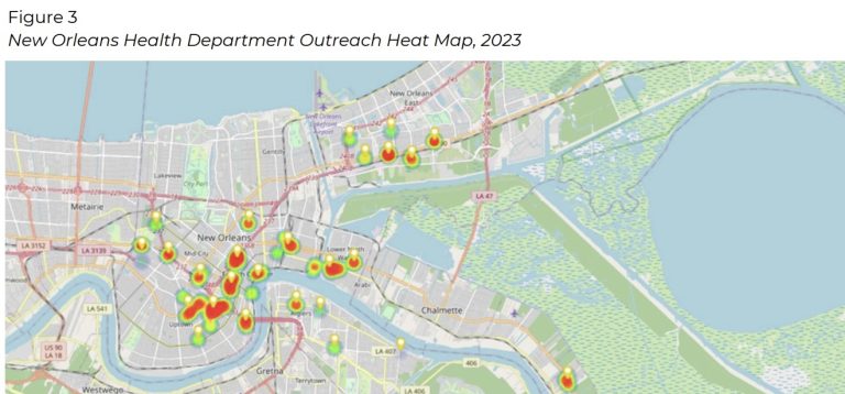 Map of New Orleans showing areas of high levels of high-risk opioid use
