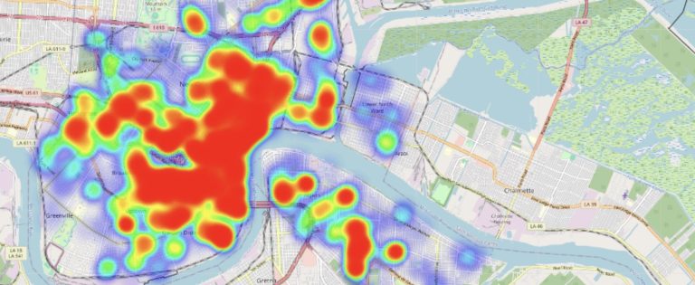 Graphic map image of New Orleans with colorization to indicate the prevalence of opioid overdose by location