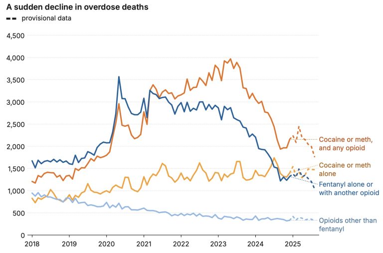 line graph of opioid and other drug related deaths by year