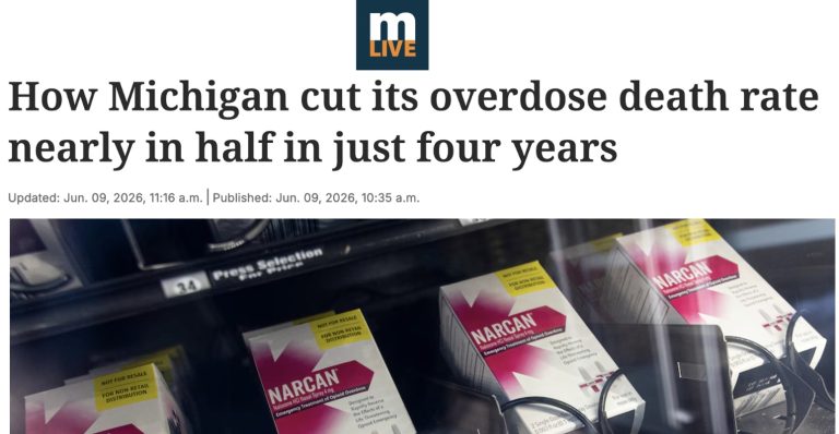 Mlive article headline and feature image of naloxone boxes