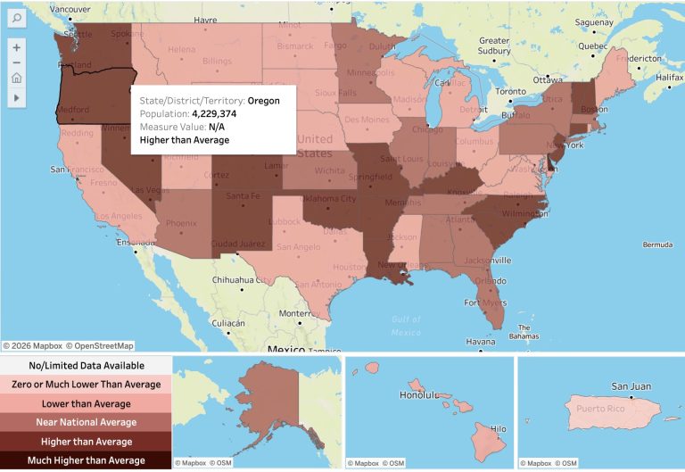 Graphic of U.S. states showing levels of nonfatal drug overdoses over the past year