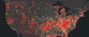 image of the U.S. with color intensity to represent opioid deaths