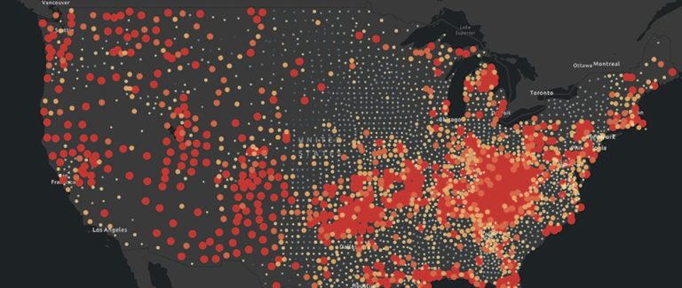 image of the U.S. with color intensity to represent opioid deaths